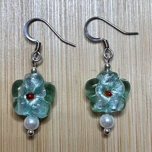 Blue flower glass beaded earrings with metal flower dangle stainless steel hook